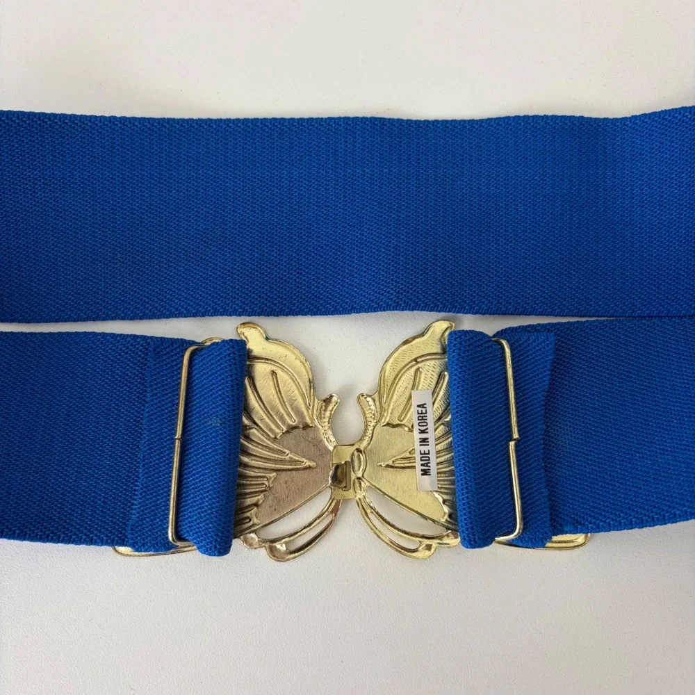 Vintage Royal Blue Elastic Cinch‎ Belt Gold Butterfly Enamel Buckle Fairycore